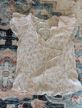 Girls' Cream Floral Tie-Front Ruffle Sleeve Top